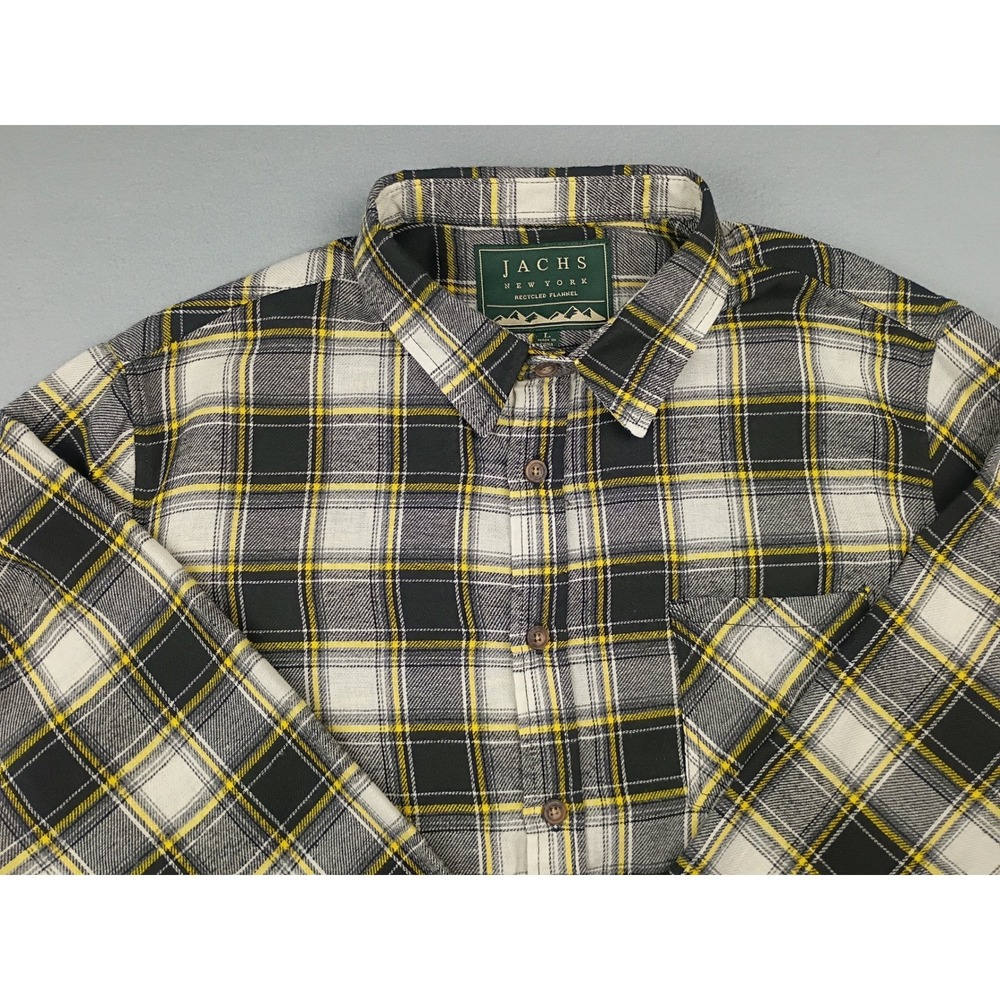 Jachs New York Mens Large Recycled Flannel Shirt Black Yellow Plaid Button Down